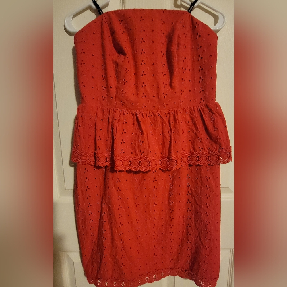 Allen B Schwartz Strapless Peplum Eyelet Pink Dress 8